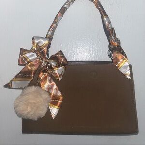 Twilly Silk Handbag Headband Neck Tie Scarf Cream Brown Orange